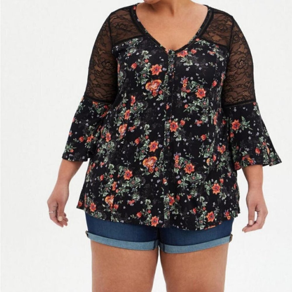 Torrid Super Soft Tunic Top Size 3X Sheer Mesh Sleeve Dark Floral Whimsigoth NWT